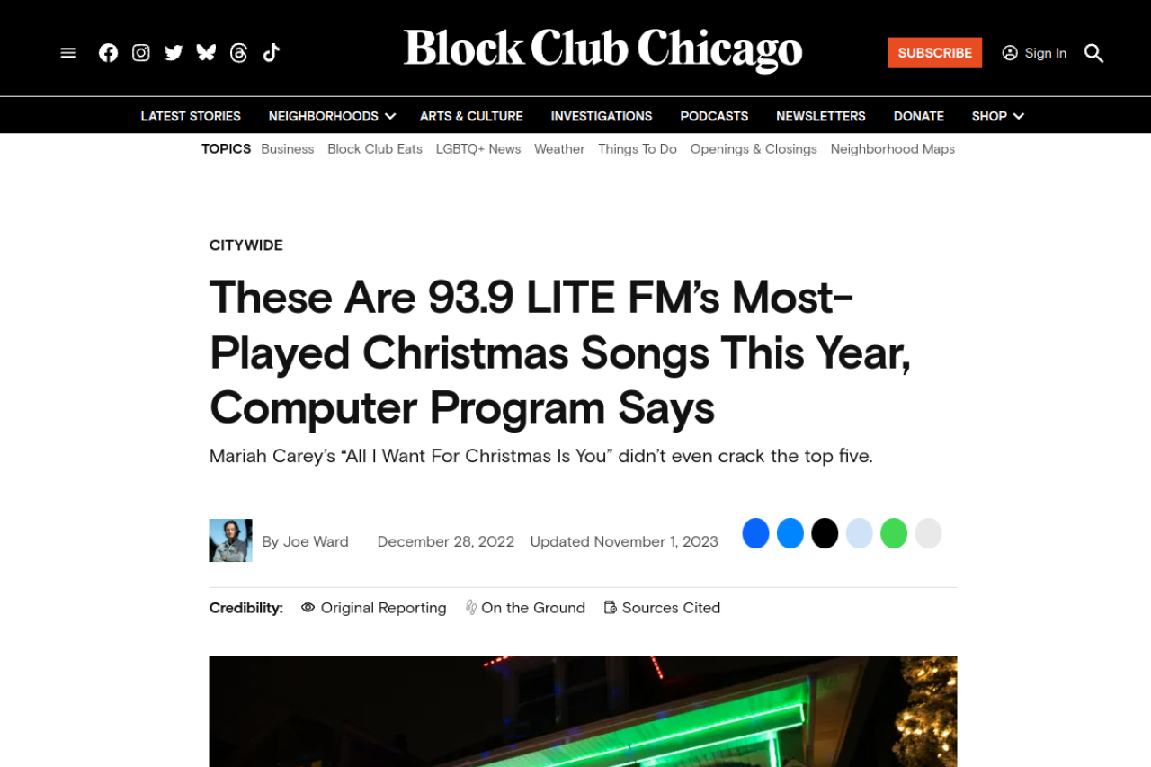 Screenshot of These Are 93.9 LITE FM’s Most-Played Christmas Songs This Year, Computer Program Says